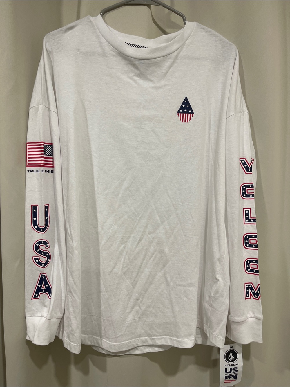 Volcom White Long Sleeve USA Graphic Tee with Sleeve Logos